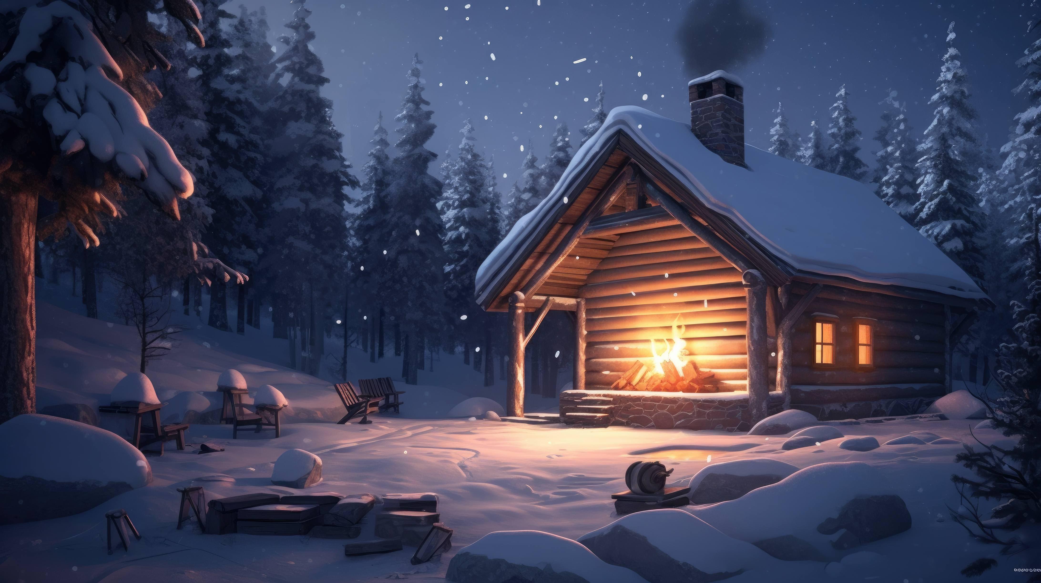 An Enchanting Desktop Wallpaper Featuring A Cozy Winter Cabin In