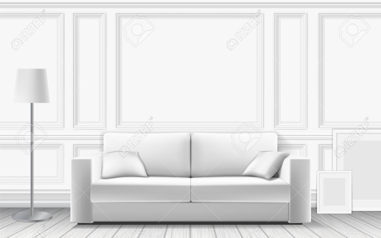 Modern Sofa On Background Of White Wall Decorated With Moulding
