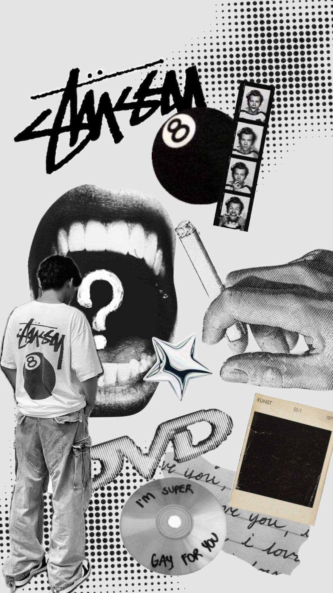A collage featuring Stussy branding, a question mark, a DVD, and other graphic elements