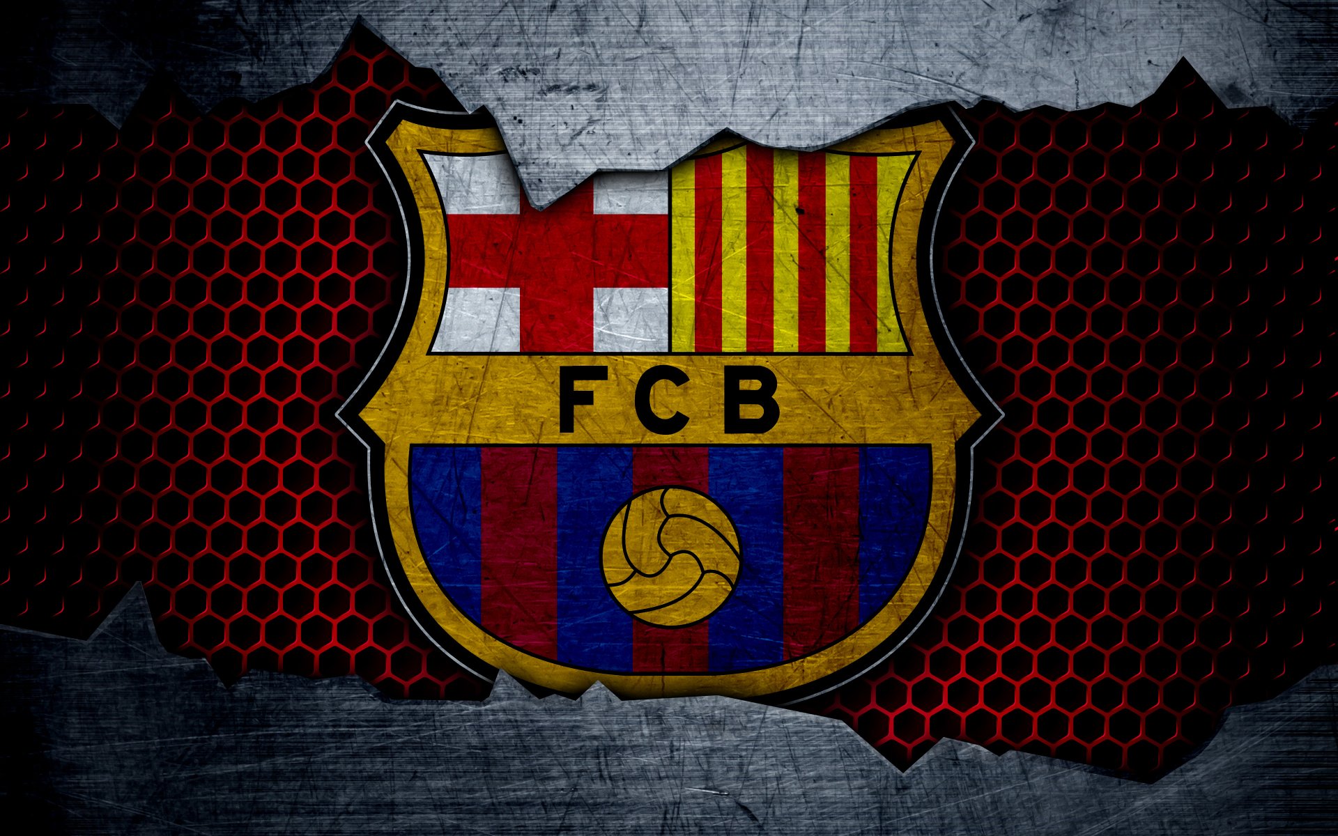 Barcelona FC logo on a metallic background with honeycomb pattern