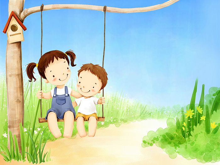 Fun Children S Day Art Wallpaper Sister And Little Brother On Swing
