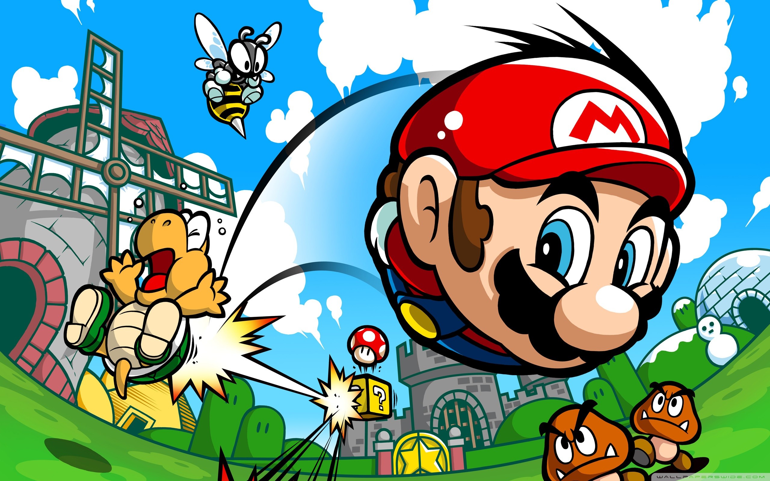 A vibrant cartoon illustration of Super Mario in a dynamic pose, surrounded by iconic elements from the Super Mario Bros. world like a Koopa Troopa, a bee, a question mark box, Goombas, a windmill, and a castle