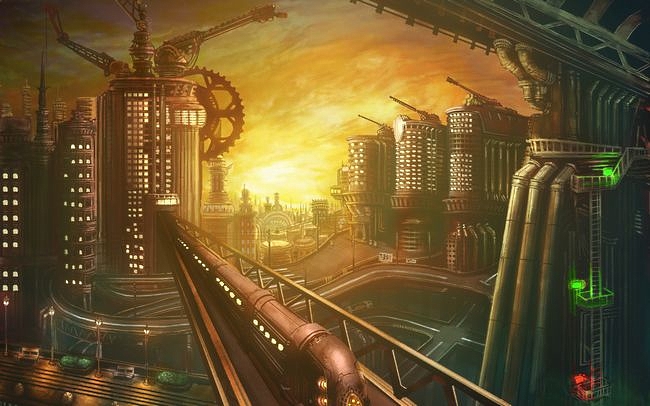 Late Afternoon Train Travelling Through a Steampunk City [Wallpaper]