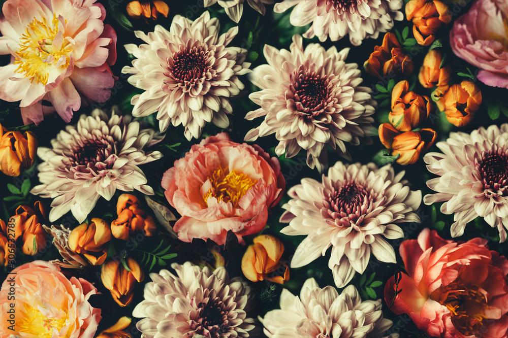 Vintage bouquet of beautiful flowers on black Floral background