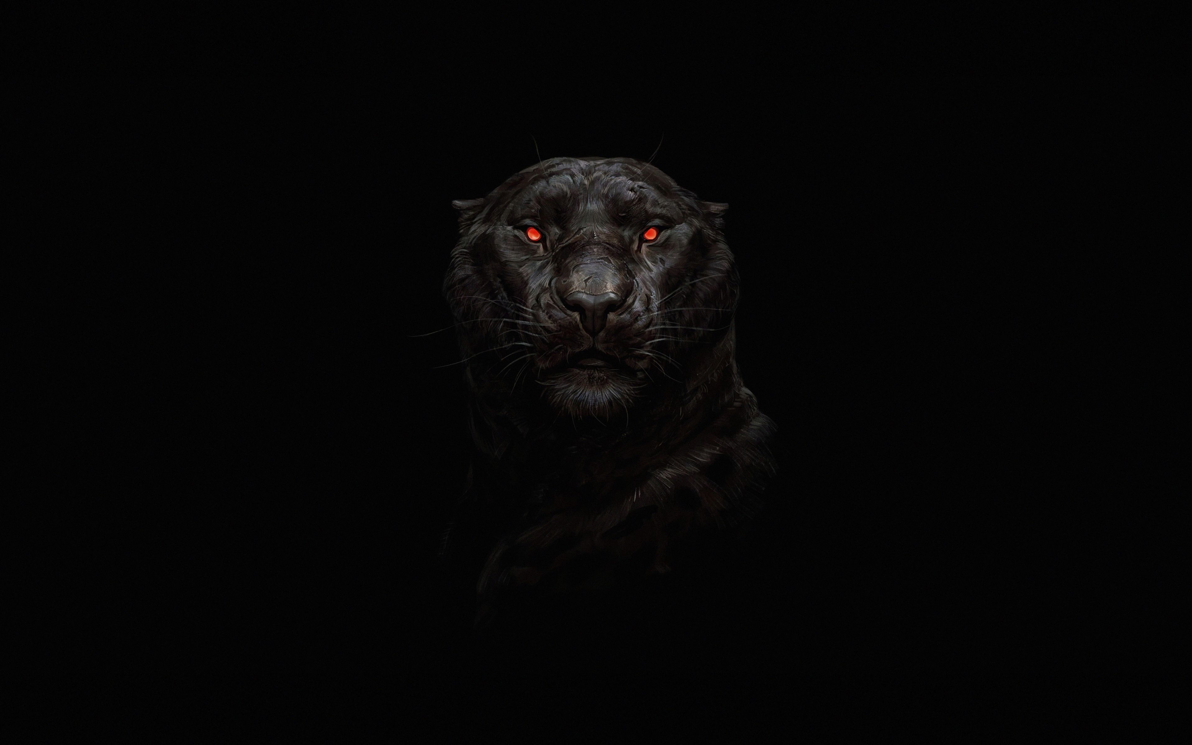 A dark, intense close-up of a black panther with glowing red eyes against a pitch-black background