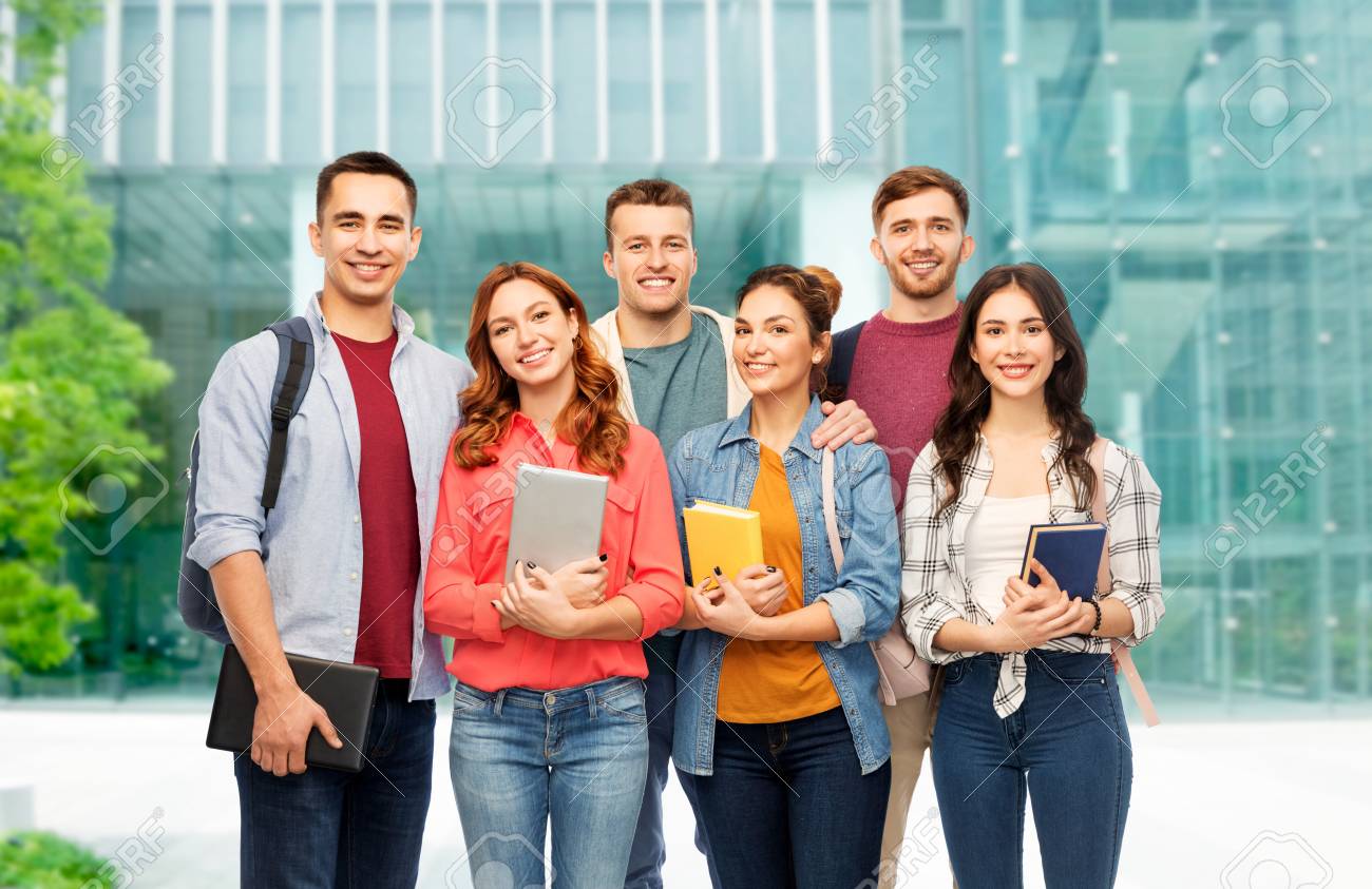 Group Of Students Over University Background Stock Photo Picture