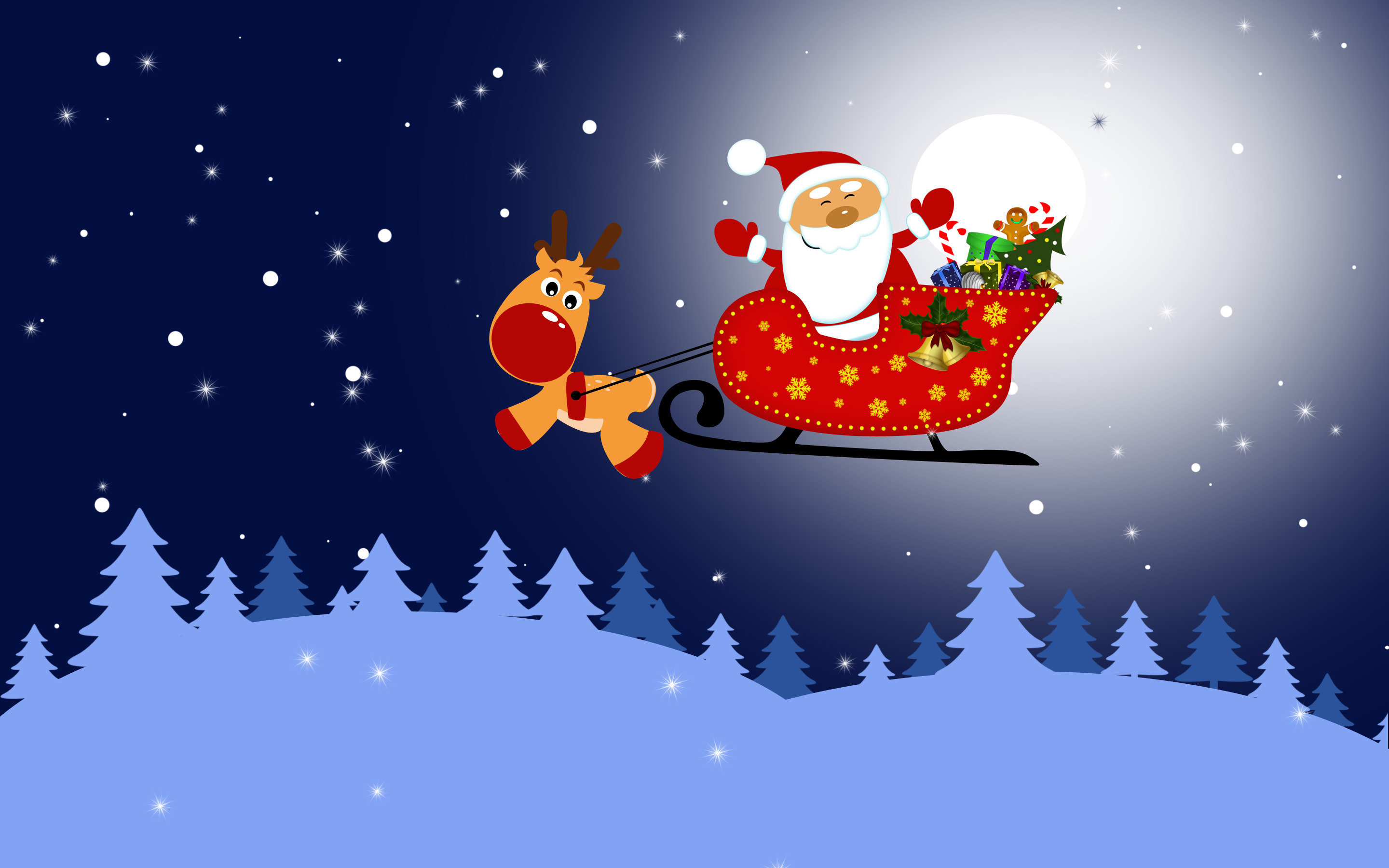 Santa In His Sleigh And Rudolph Wallpaper HD