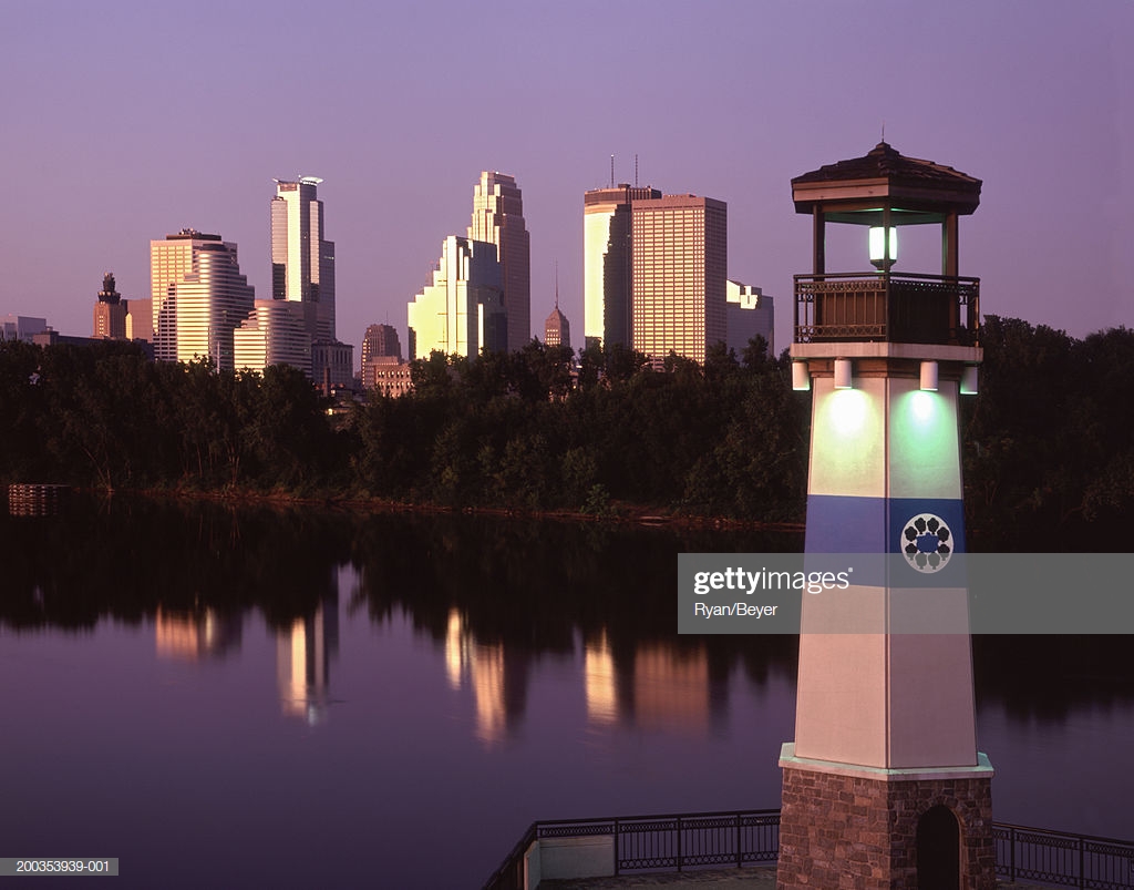 Usa Minnesota Minneapolis Lighthouse With Skyline In Background