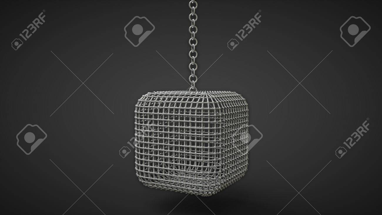 Mew Cage Box Shaped Hanging On A Chain Isolated Black
