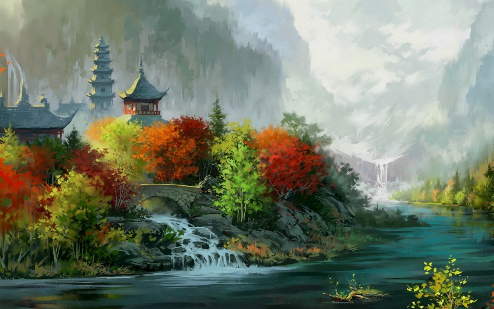 Asian Oriental Trees Autumn Fall Rivers Castle Wallpaper Background