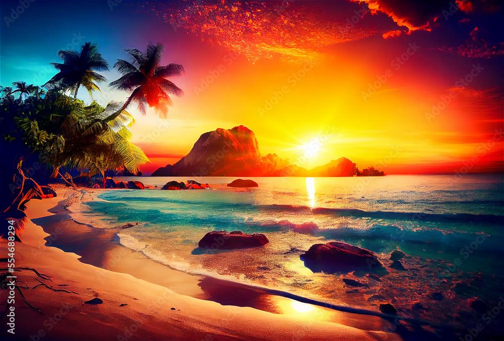 Aesthetic Illustration Of A Beautiful Sunset In Tropical Beach