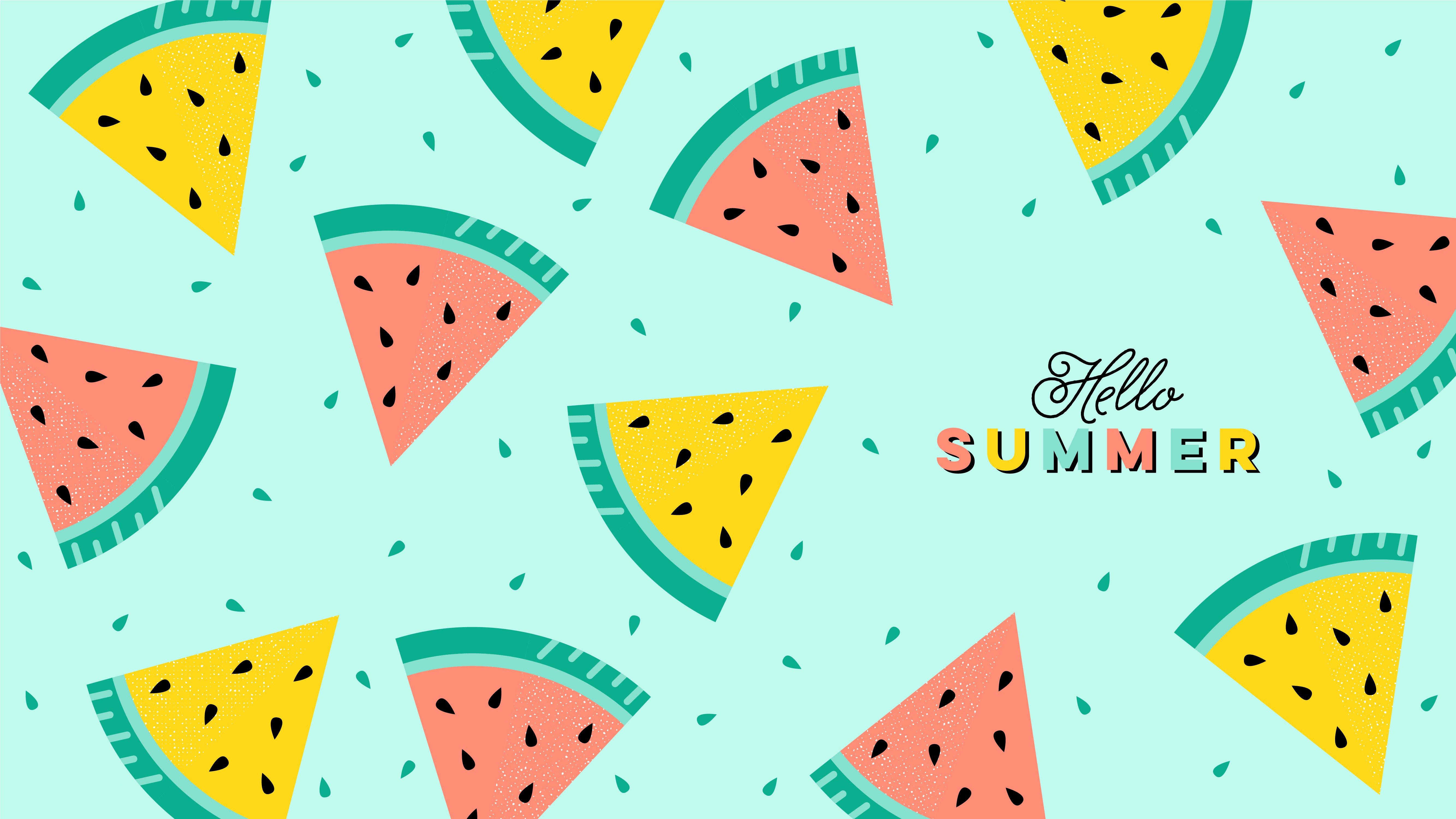Cute summer wallpaper with cartoon watermelon slices on a light blue background
