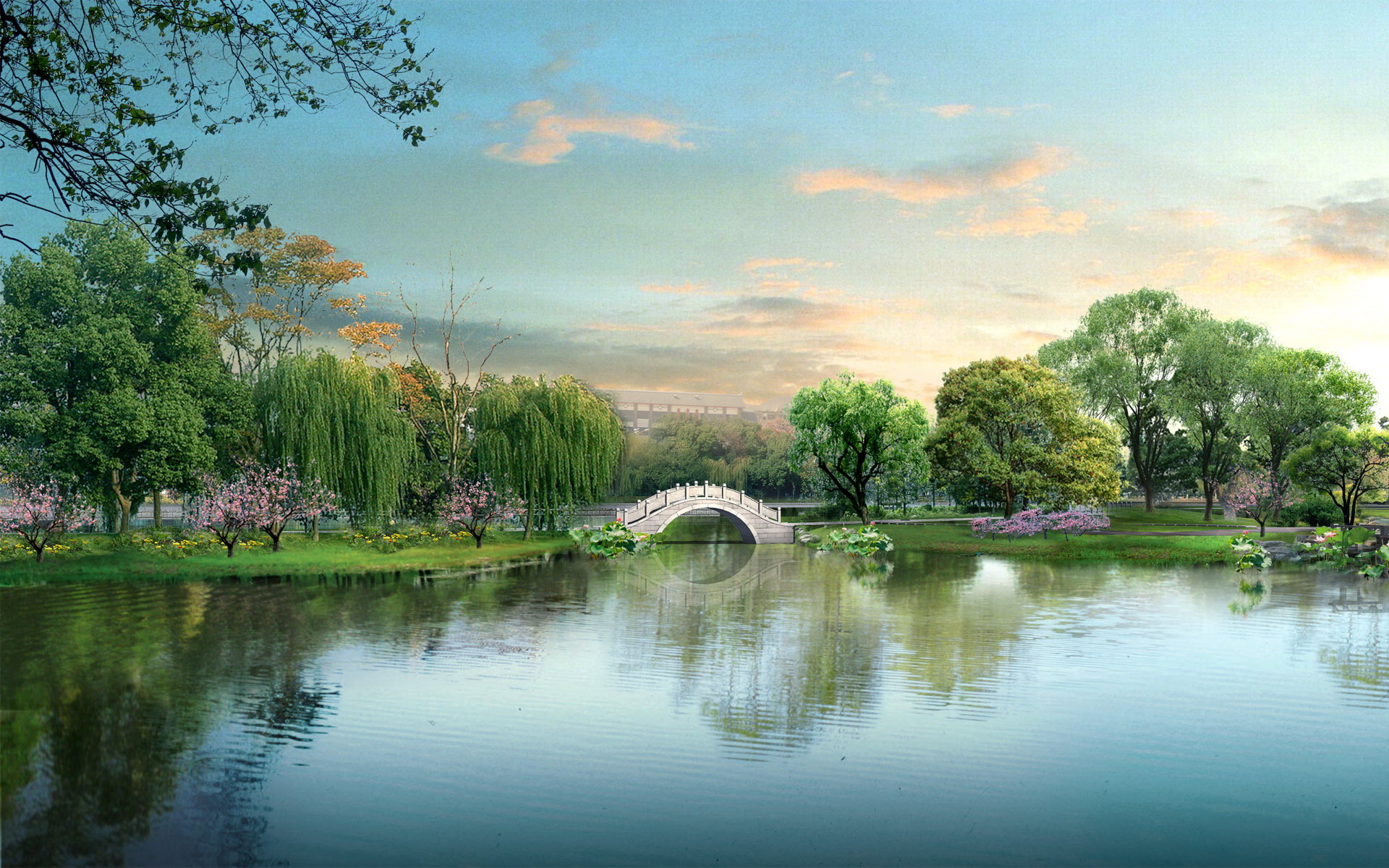 Serene Chinese Garden with Bridge and Lake