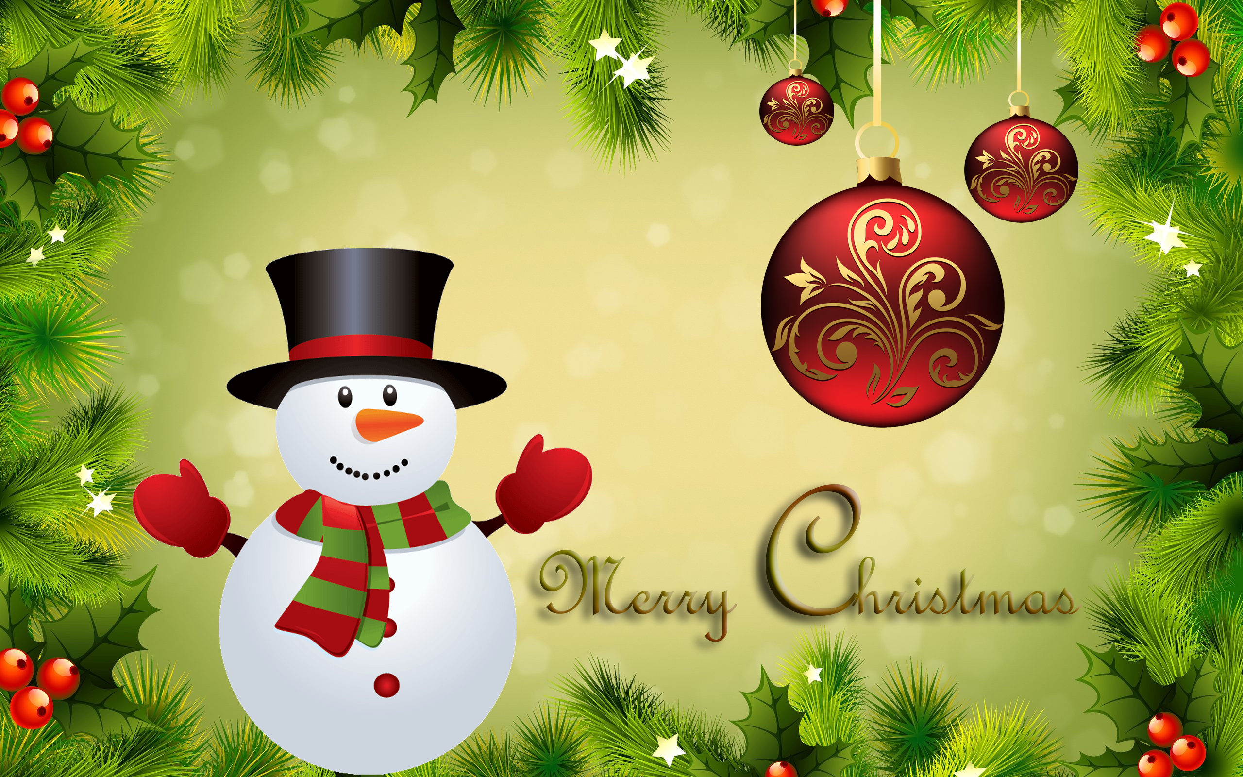 A festive Christmas wallpaper featuring a cheerful snowman, red ornaments with gold designs, and holly branches on a soft green backdrop. Perfect for spreading holiday cheer