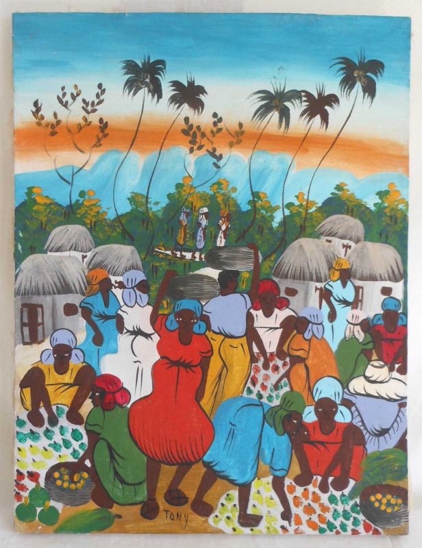 Vintage Haitian Painting Tony Village Life Landscape Tropical Fruit