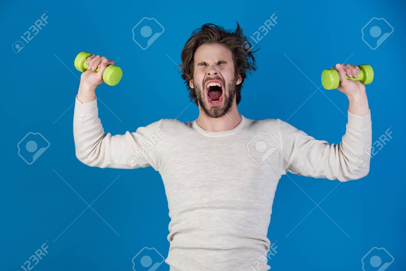 Sportsman Shouting Man On Blue Background Athlete In Underwear