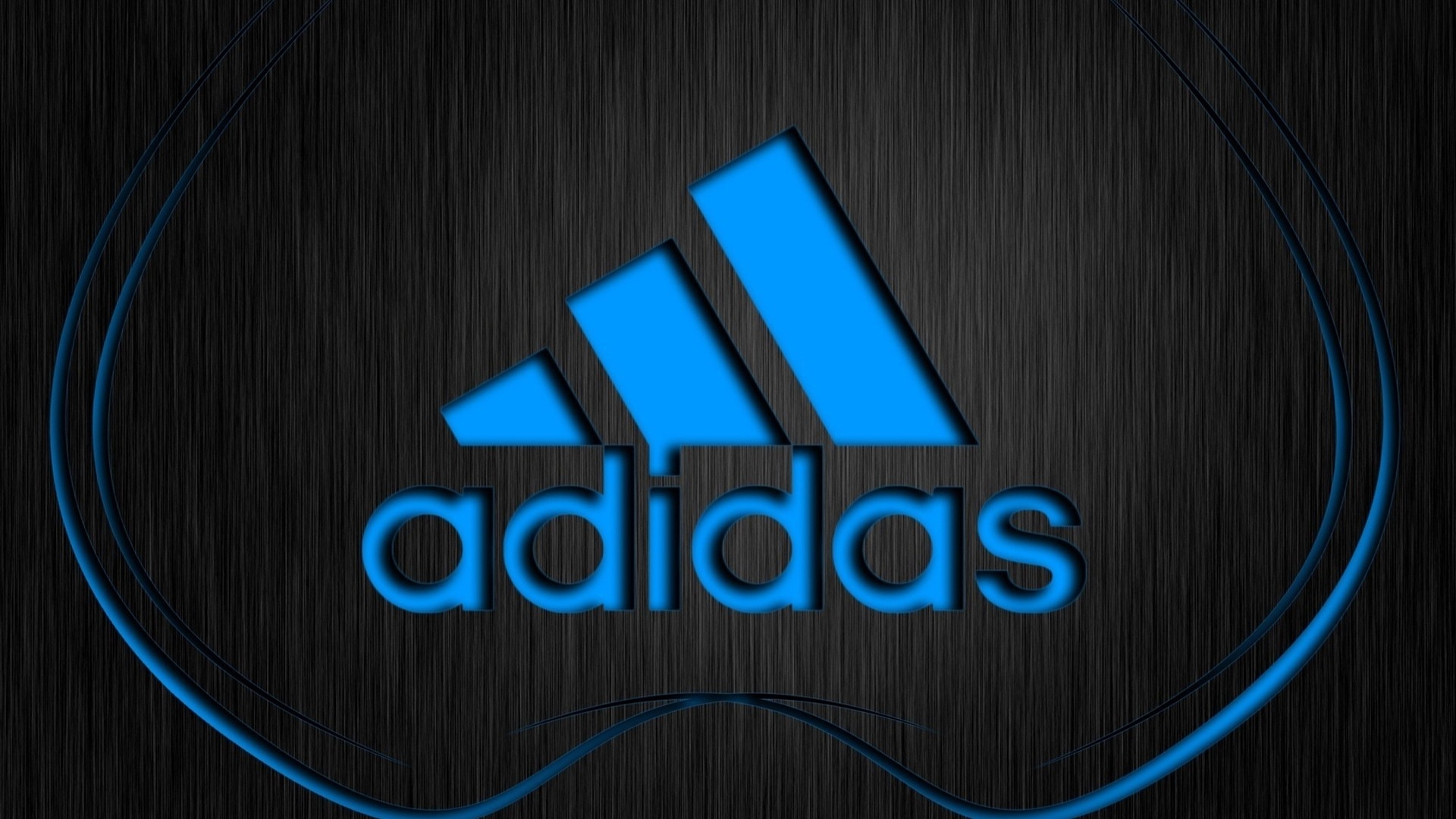 A sleek, dark Adidas logo wallpaper with the iconic three stripes and brand name in vibrant blue against a textured black background