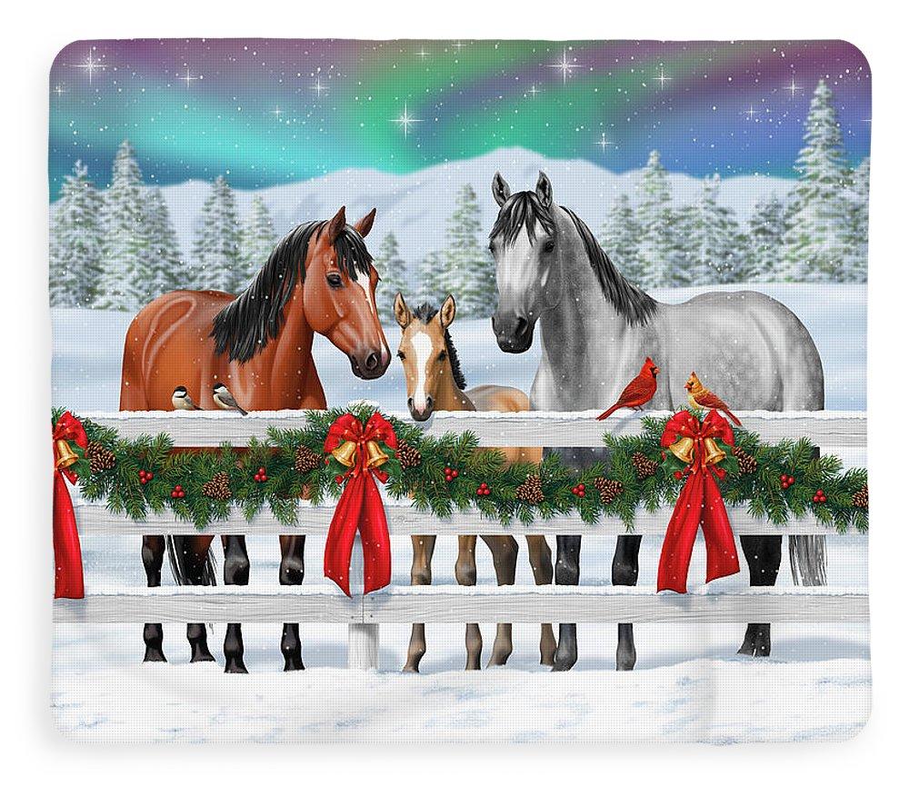 Christmas Scene Bay Buckskin Dapple Gray Horses In Snow Fleece