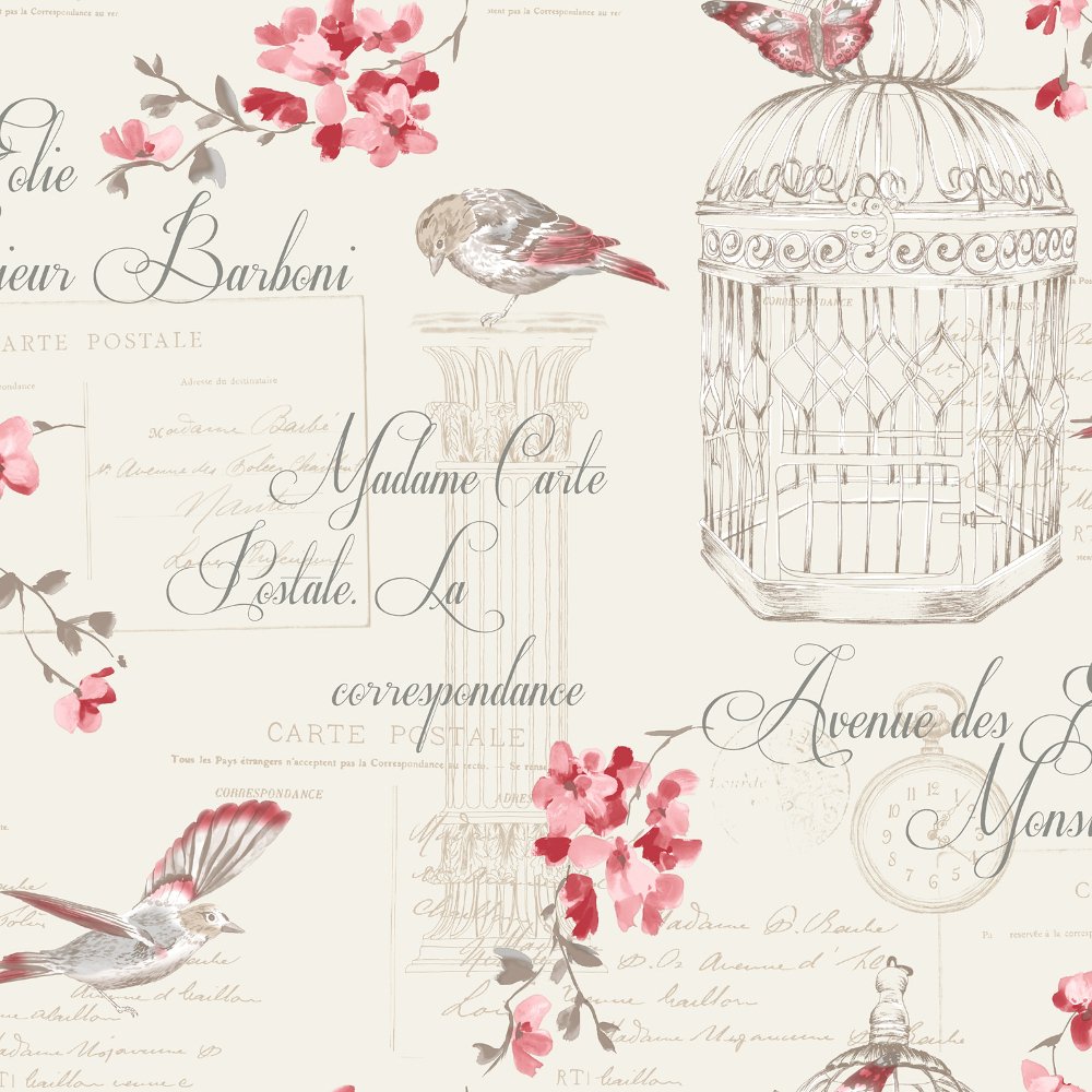  Dcor Aviary Birds Floral Motif French Typography Wallpaper 11317