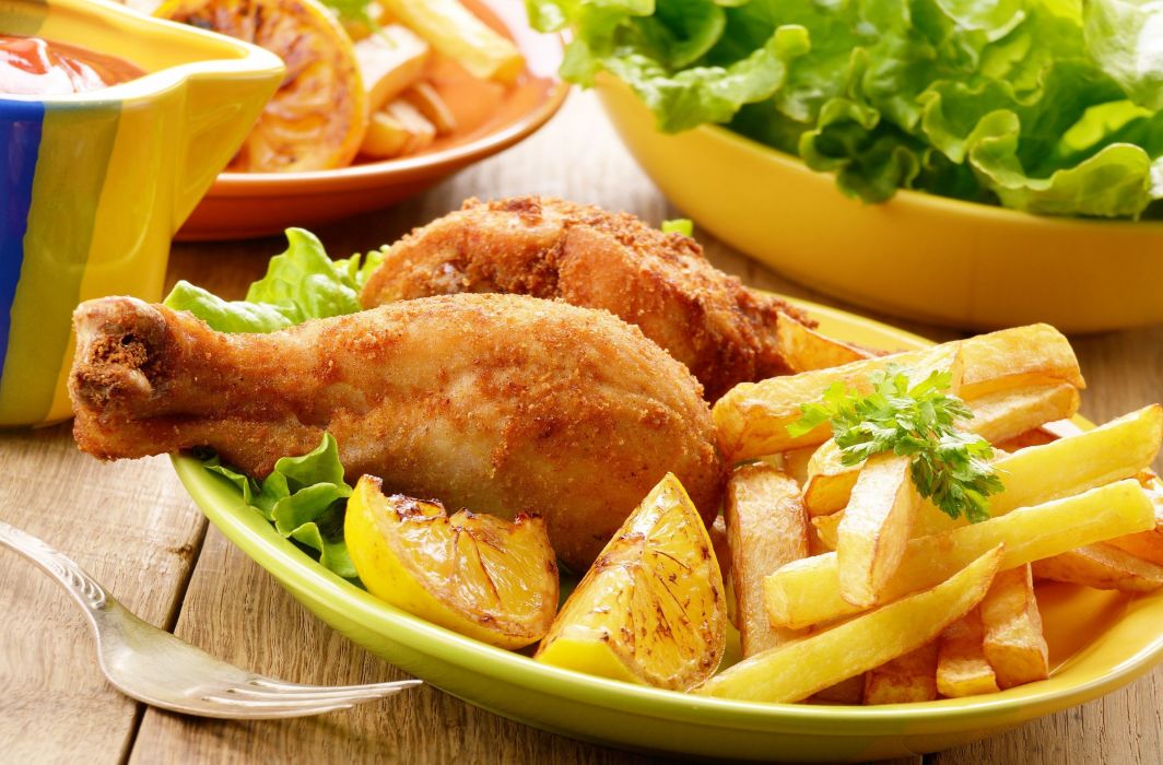 Food Meal Chicken Fries Salad Vegetables Delicious Wallpaper