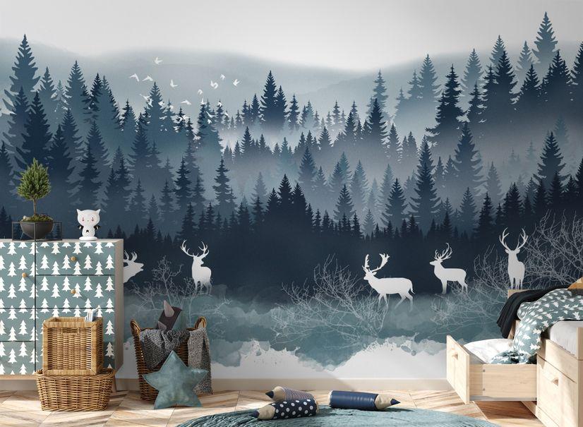 Misty Forest Landscape And Horned Deer Wallpaper Mural Wallmur