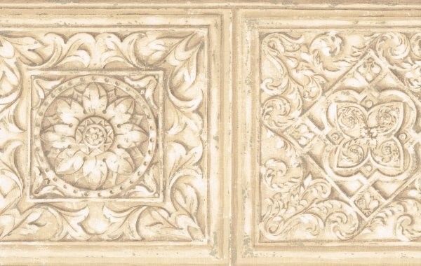 Wallpaper Border Tan Cream Faux Carved Wood Medallion Molding