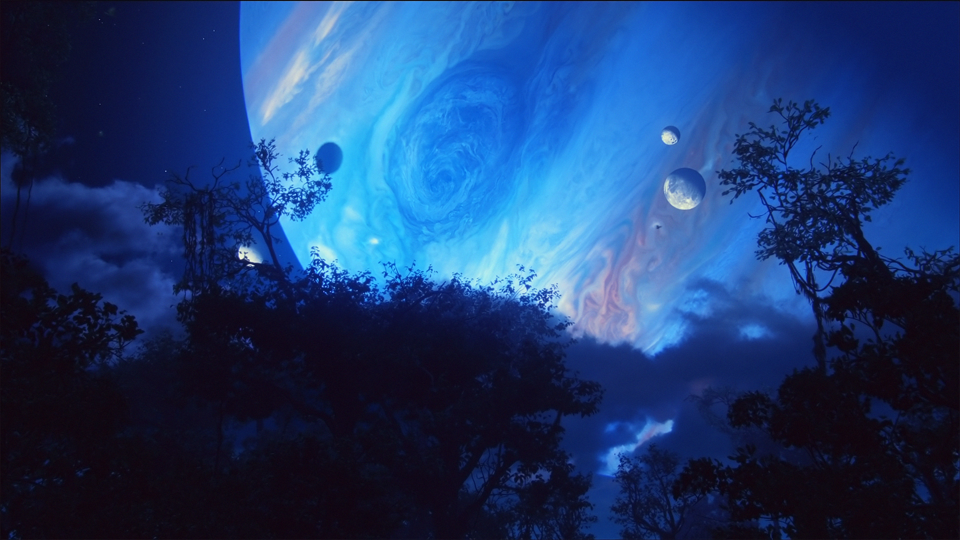 A breathtaking Avatar-style landscape at night, featuring a massive, swirling blue gas giant in the sky, multiple moons, and silhouetted trees in the foreground