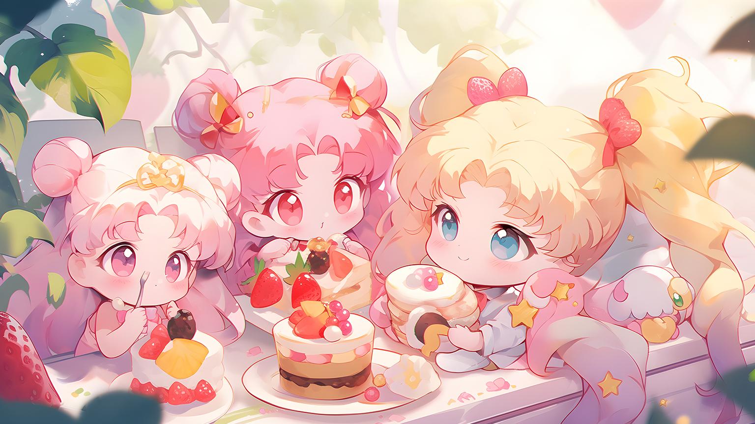 Cute Anime Kids Eat Cakes Desktop Wallpaper
