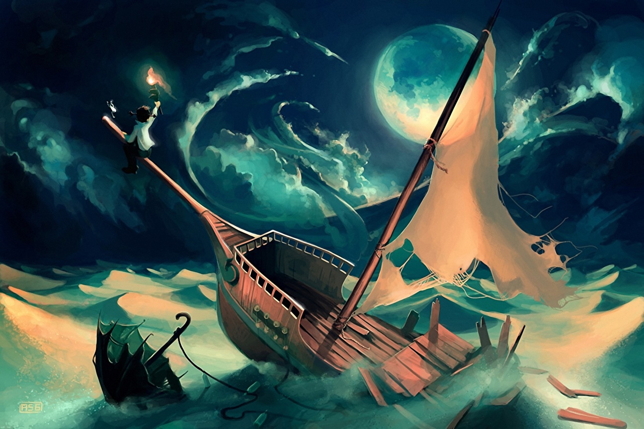 Wallpaper Cyril Rolando Moon Ships Disaster Sailing Umbrella