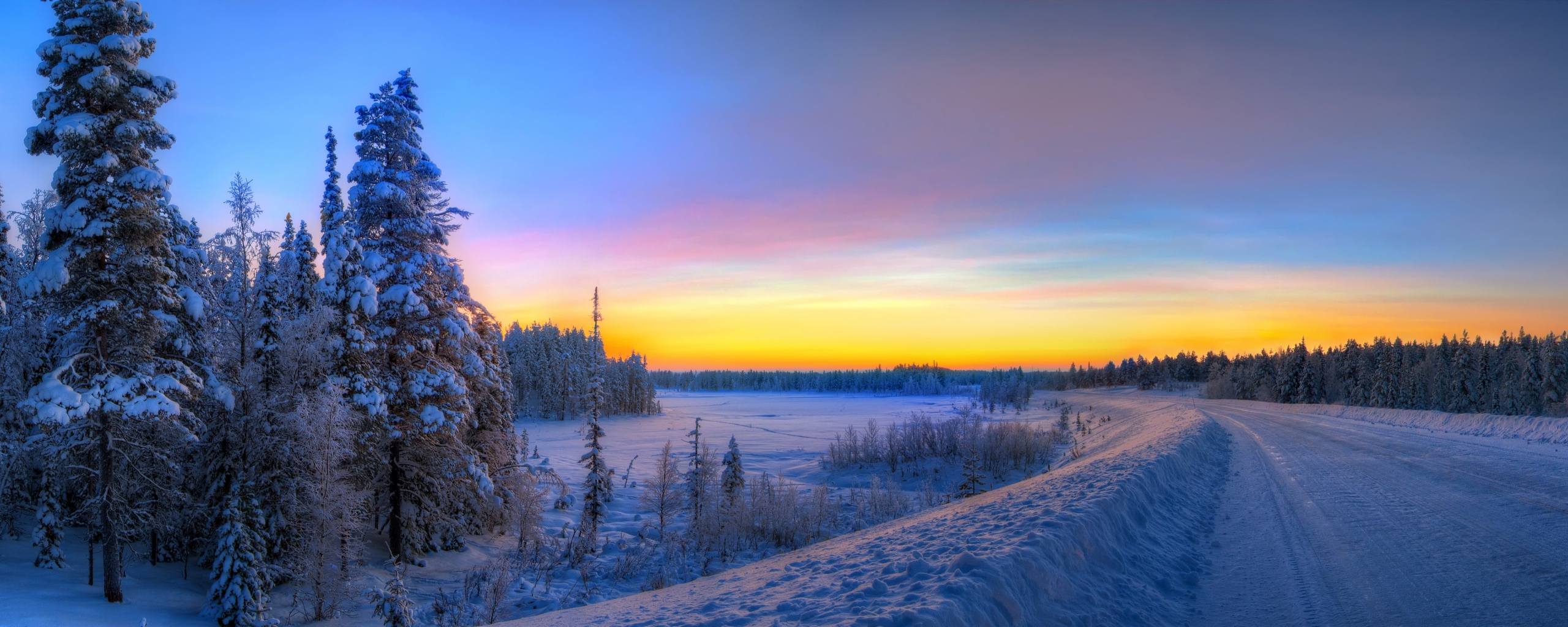 Panorama Sunset Road Winter Landscape Wallpaper Background Dual