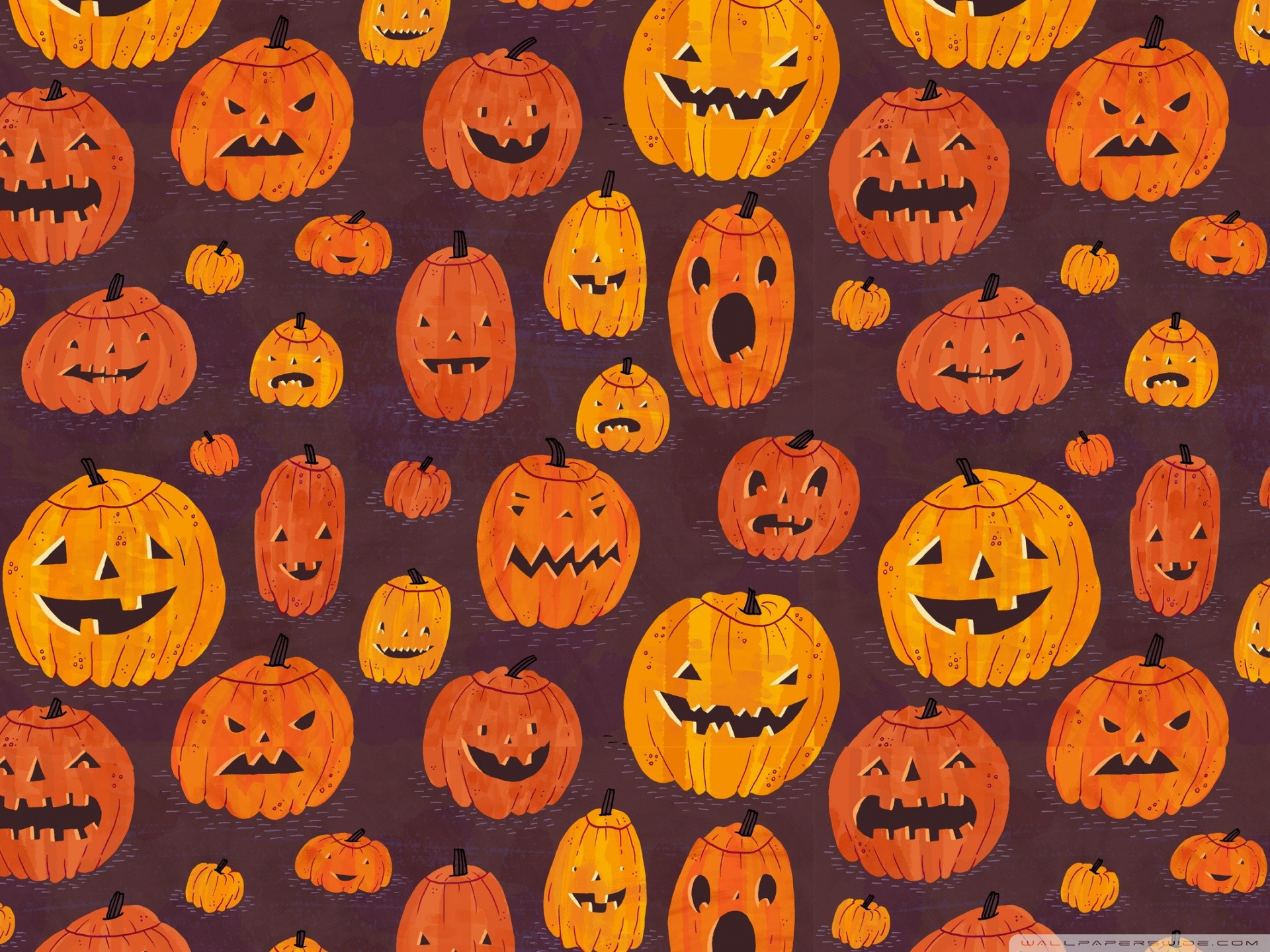 A seamless pattern of kawaii Halloween pumpkins with various cute and spooky expressions on a dark purple background