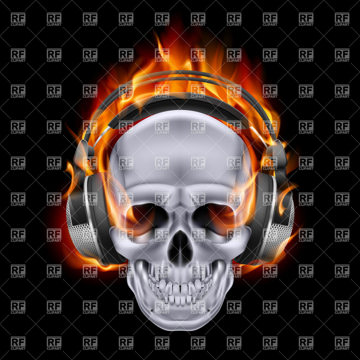 Flaming Skull In Headphones On Black Background Background