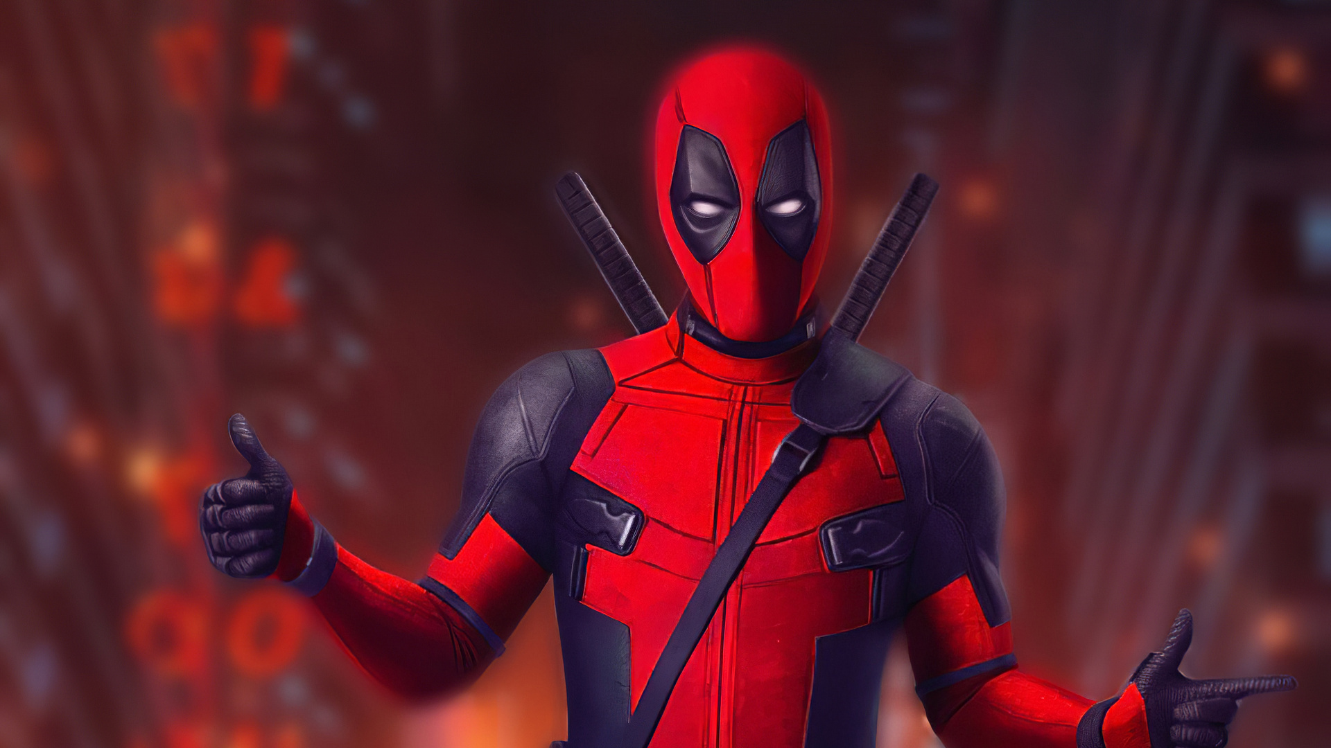 Deadpool giving a thumbs-up and pointing, with a blurred background