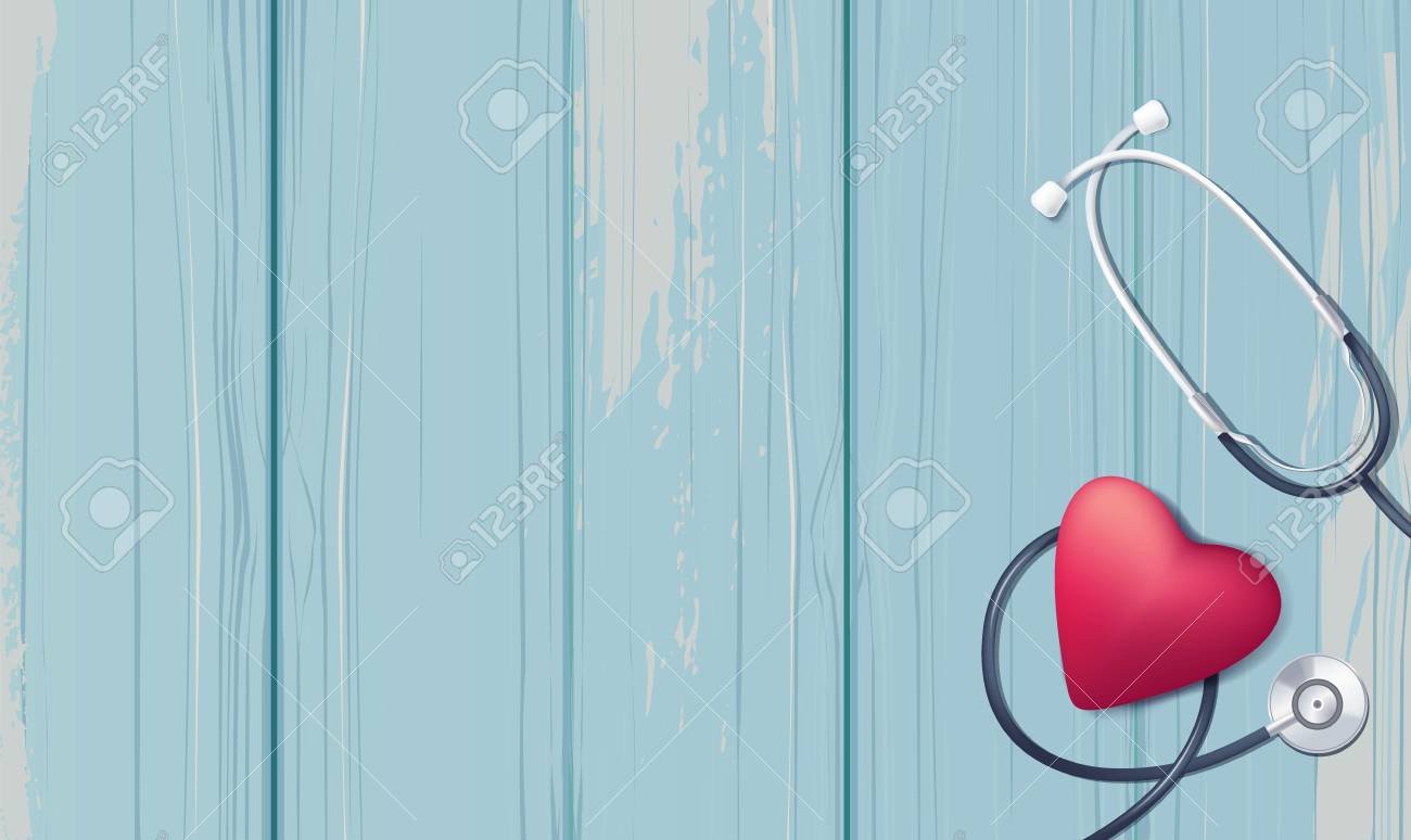 Pink Heart And Stethoscope On Blue Wooden Background Happy Nurse