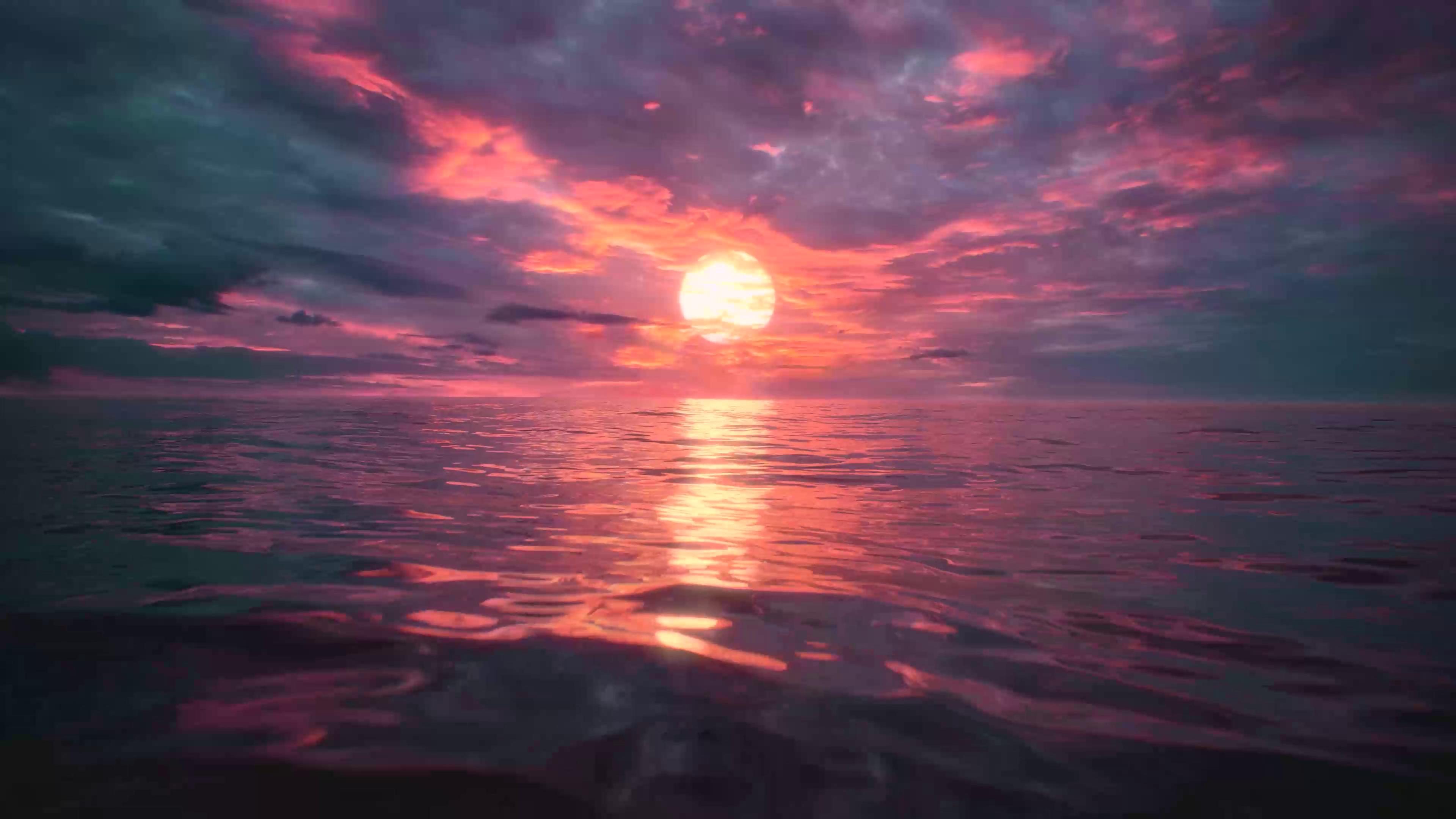 A breathtaking sunset over a tranquil ocean, casting vibrant hues of pink and orange across the sky and water