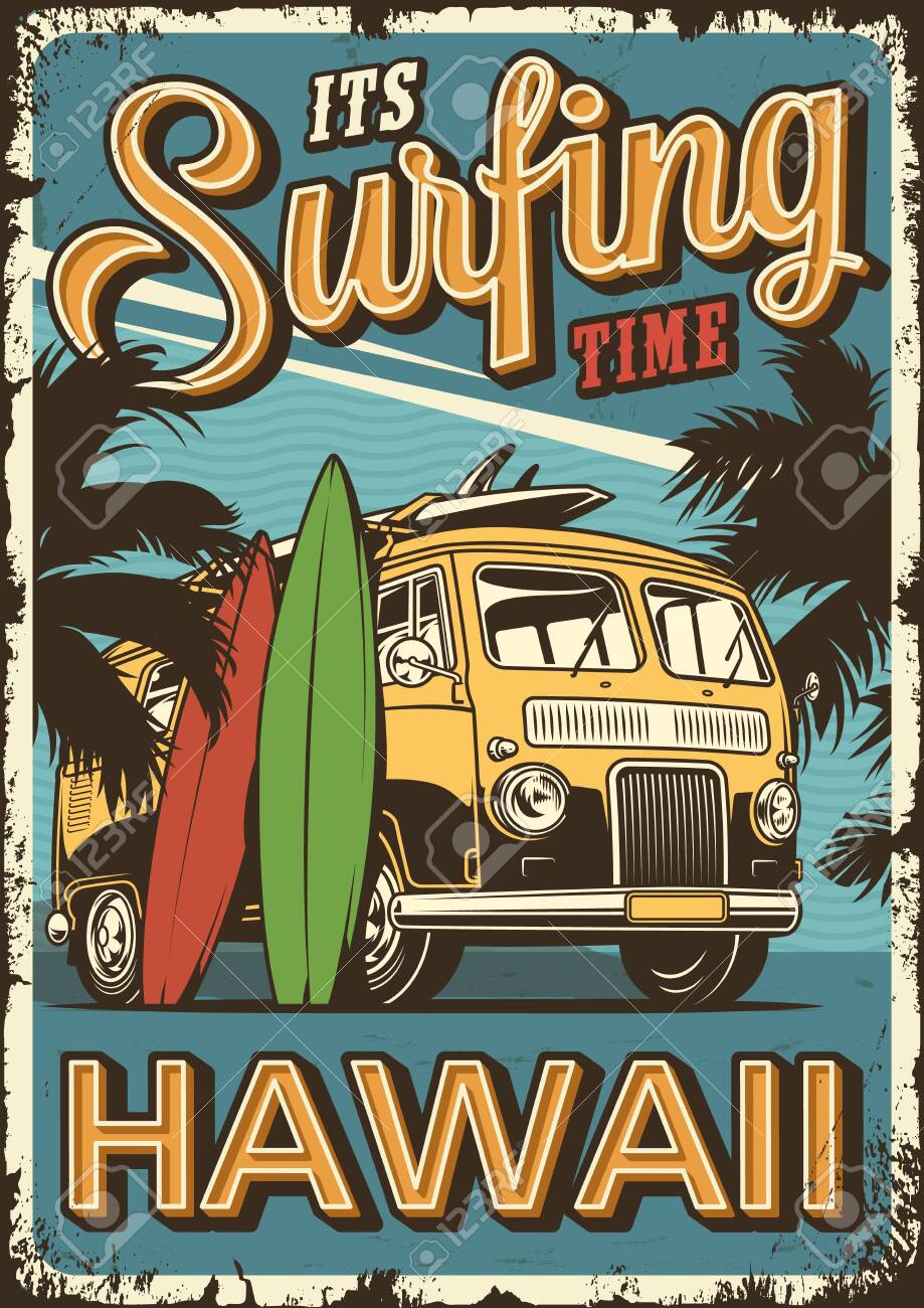 Vintage Colorful Surfing Poster With Surf Van Palm Trees And