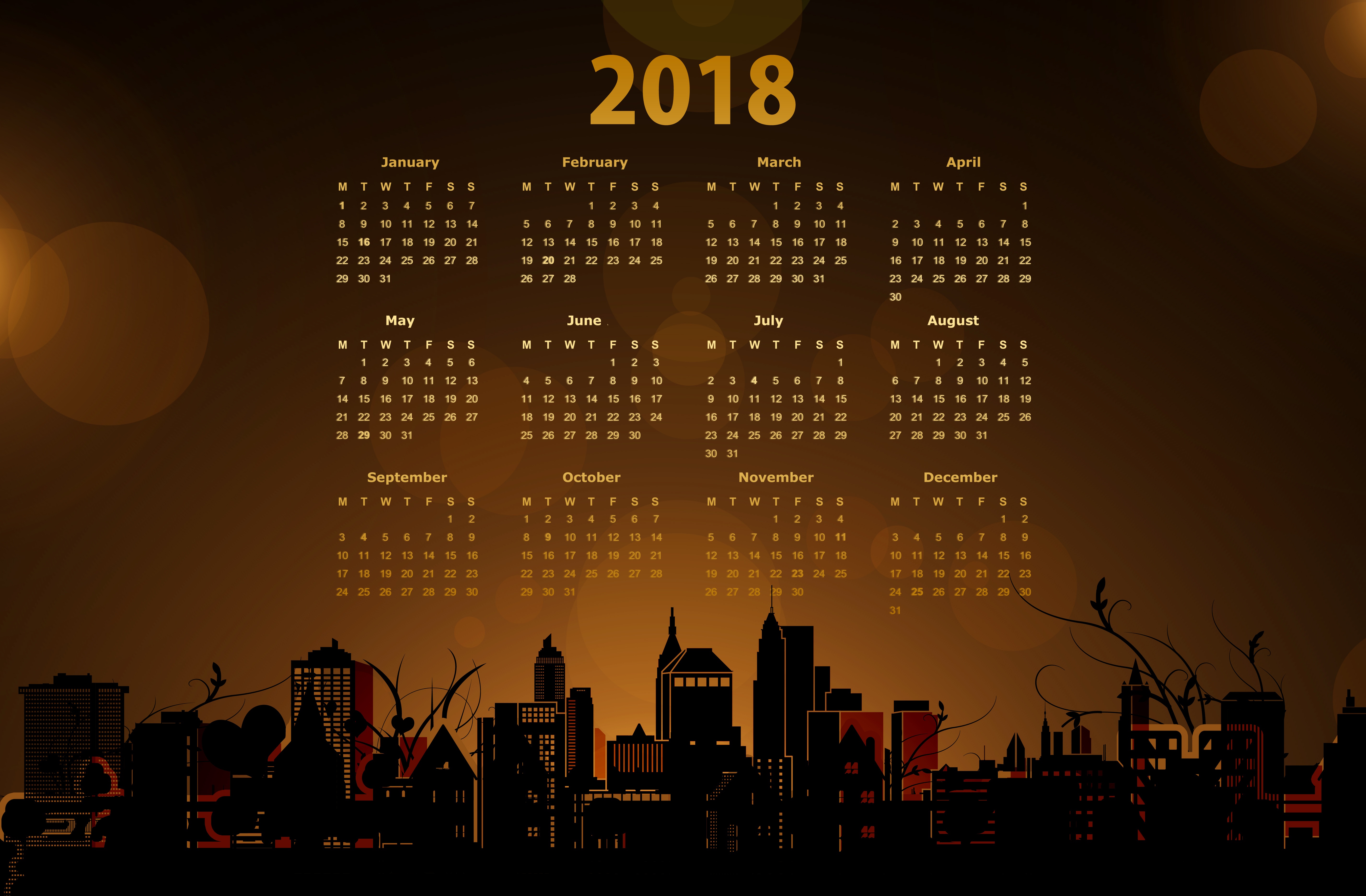 2018 Calendar with a Cityscape 5k Retina Ultra HD 5700x3741