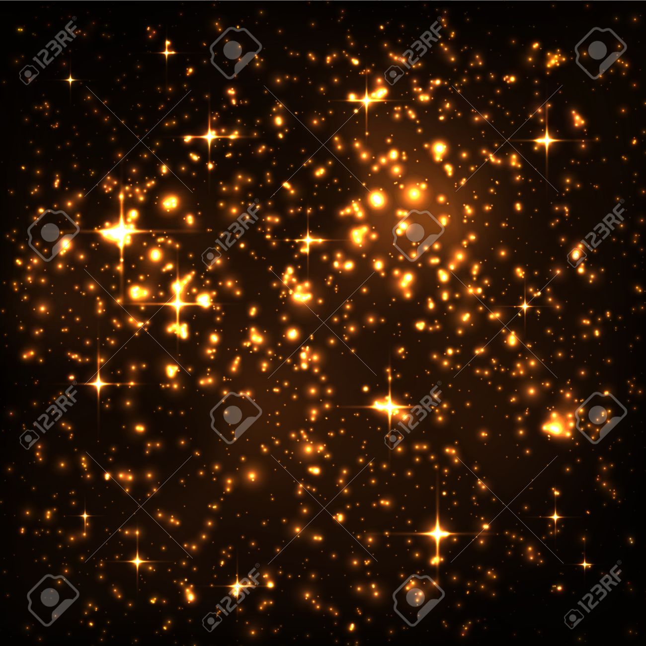 Abstract Night Sky With Golden Star Cluster And Glowing Particles