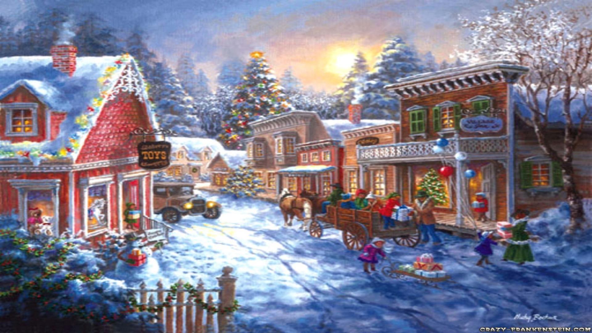 Christmas Village Scene Wallpaper Happy Holidays
