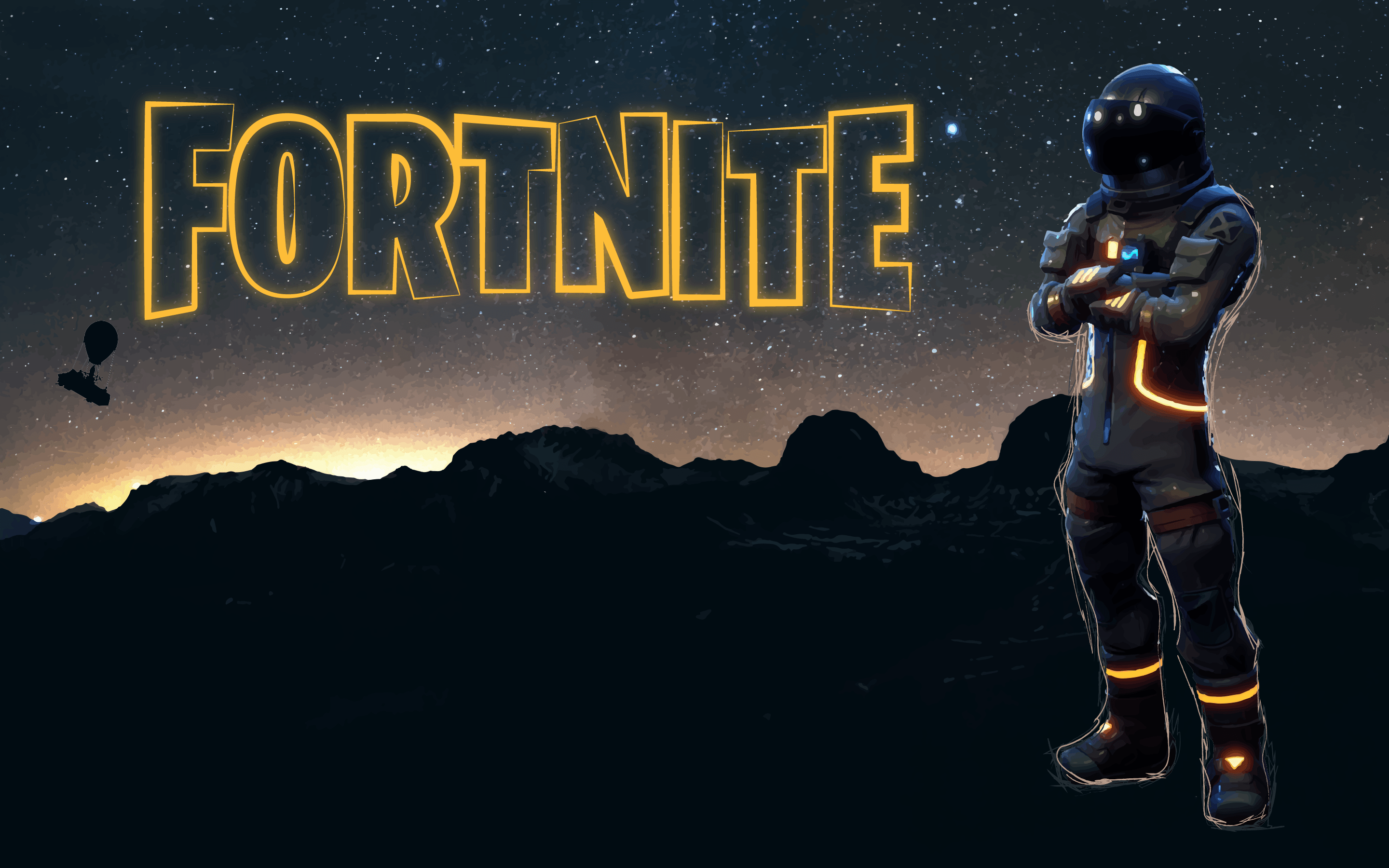 A Fortnite astronaut skin stands against a backdrop of a starry night sky and silhouetted mountains, with the Fortnite logo prominently displayed