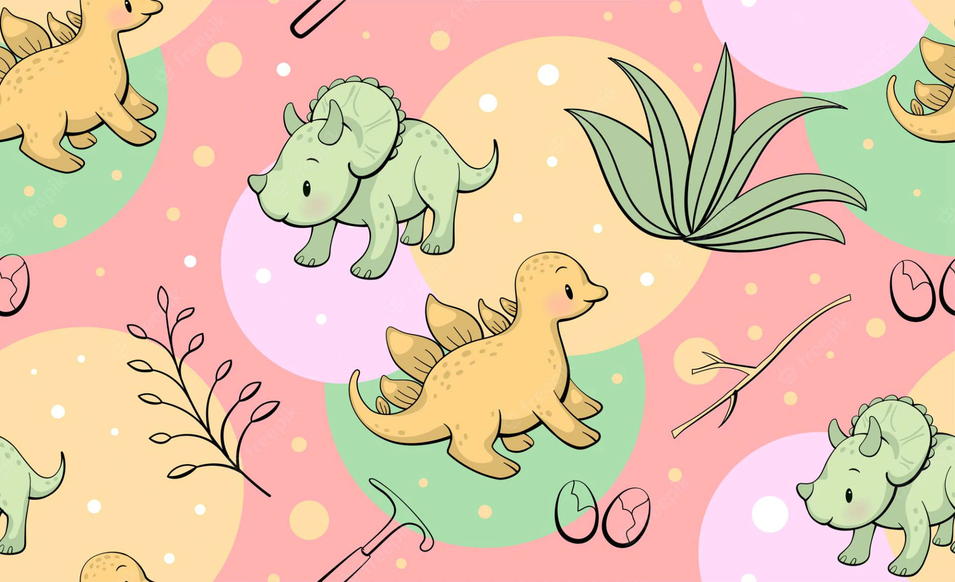 Cute seamless pattern with dinosaurs, eggs, and plants. Ideal for children's wallpapers, fabrics, or other products