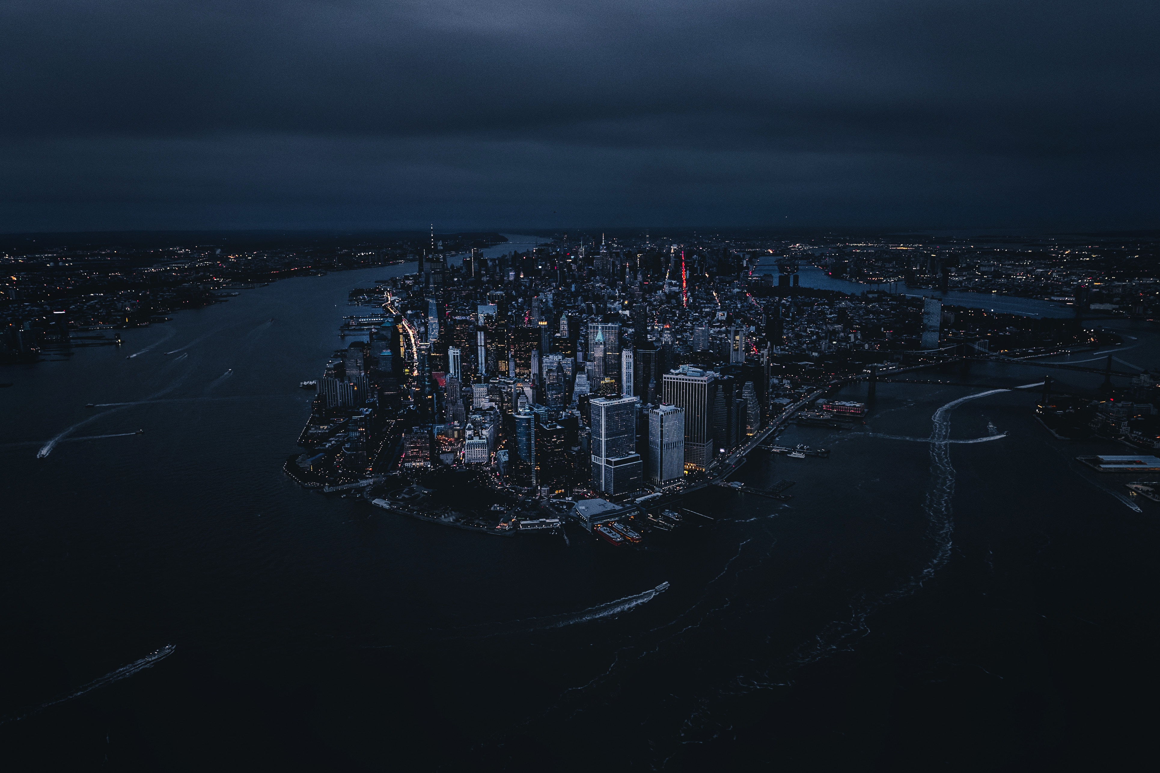 Aerial view of New York City skyline at night in 4K resolution