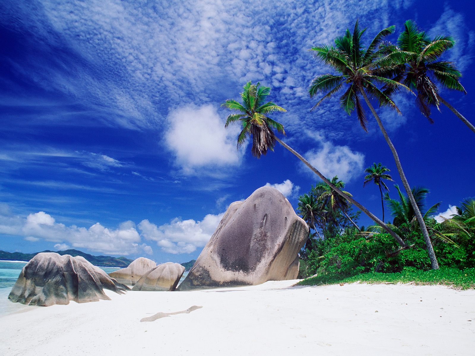 Tropical beach paradise with white sand, turquoise water, palm trees, and granite boulders under a blue sky