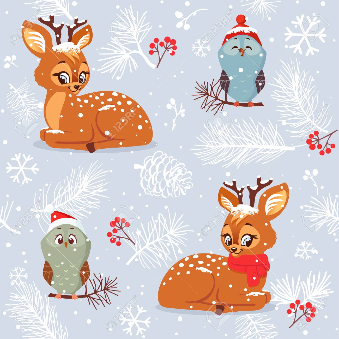 Beautiful Winter Seamless Pattern With Cute Cartoon Deers And Owls