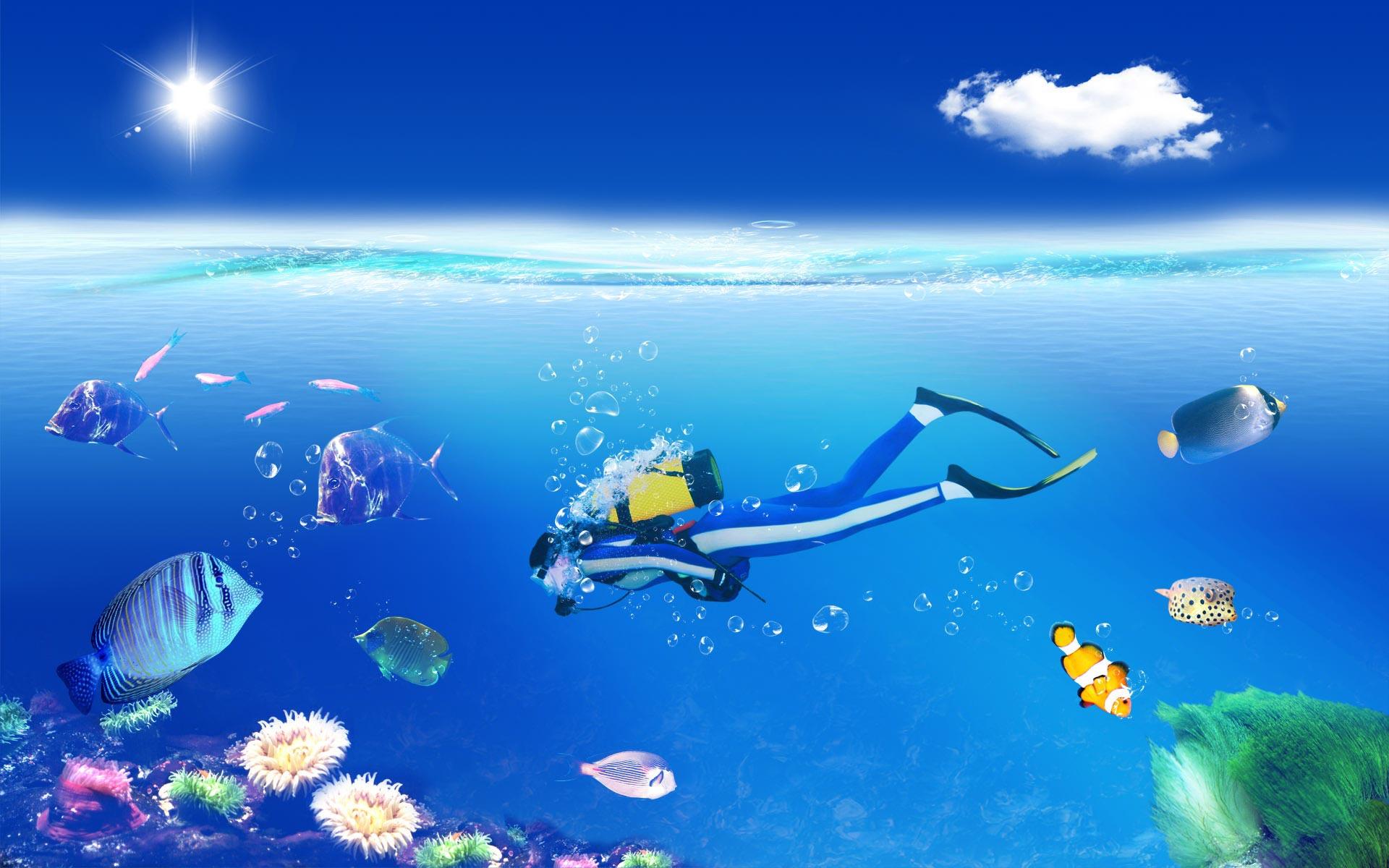 1 Scuba Diving Art Vector Tropical Sports Fishes Ocean