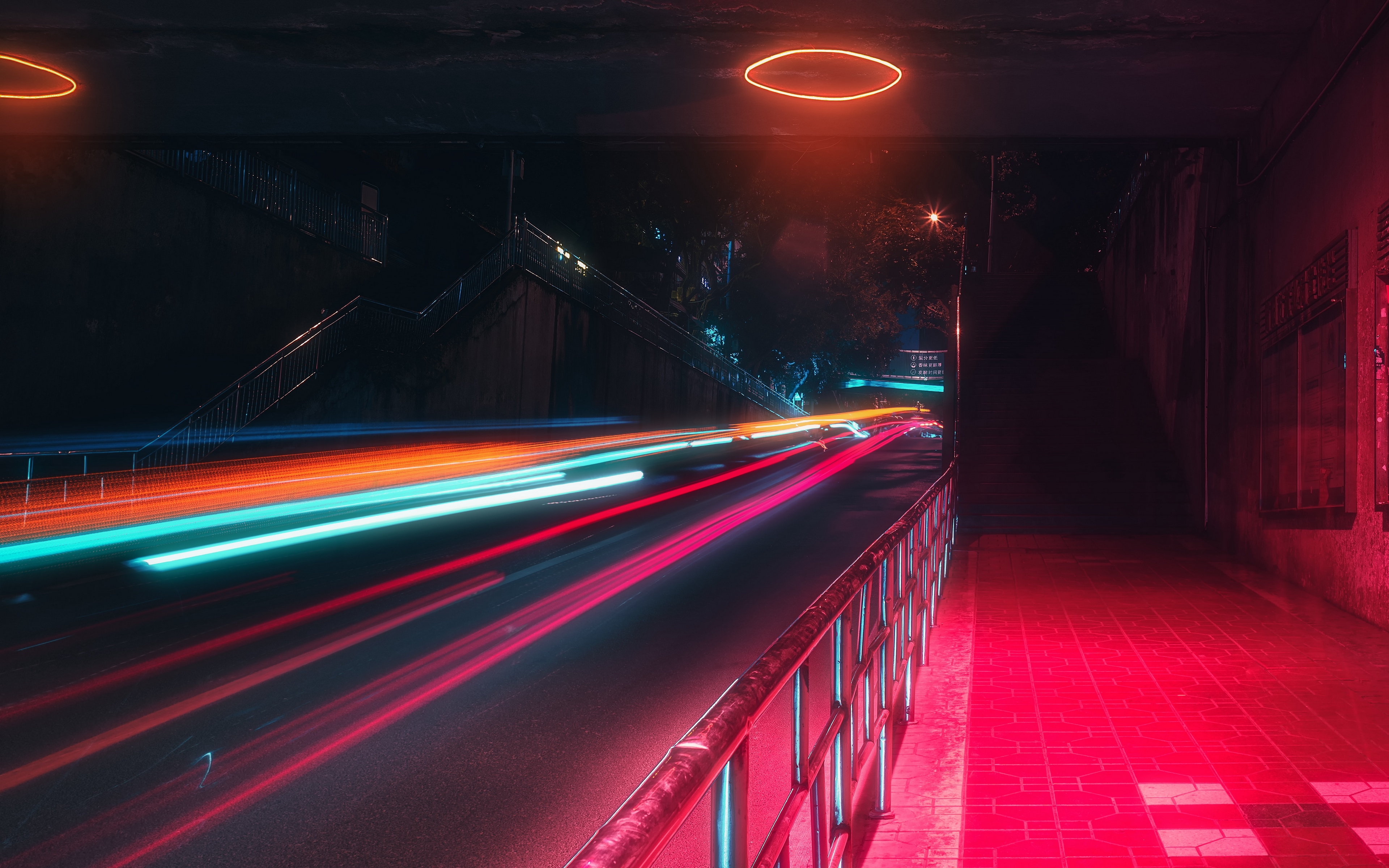 Wallpaper Street Neon Lights Motion Long Exposure