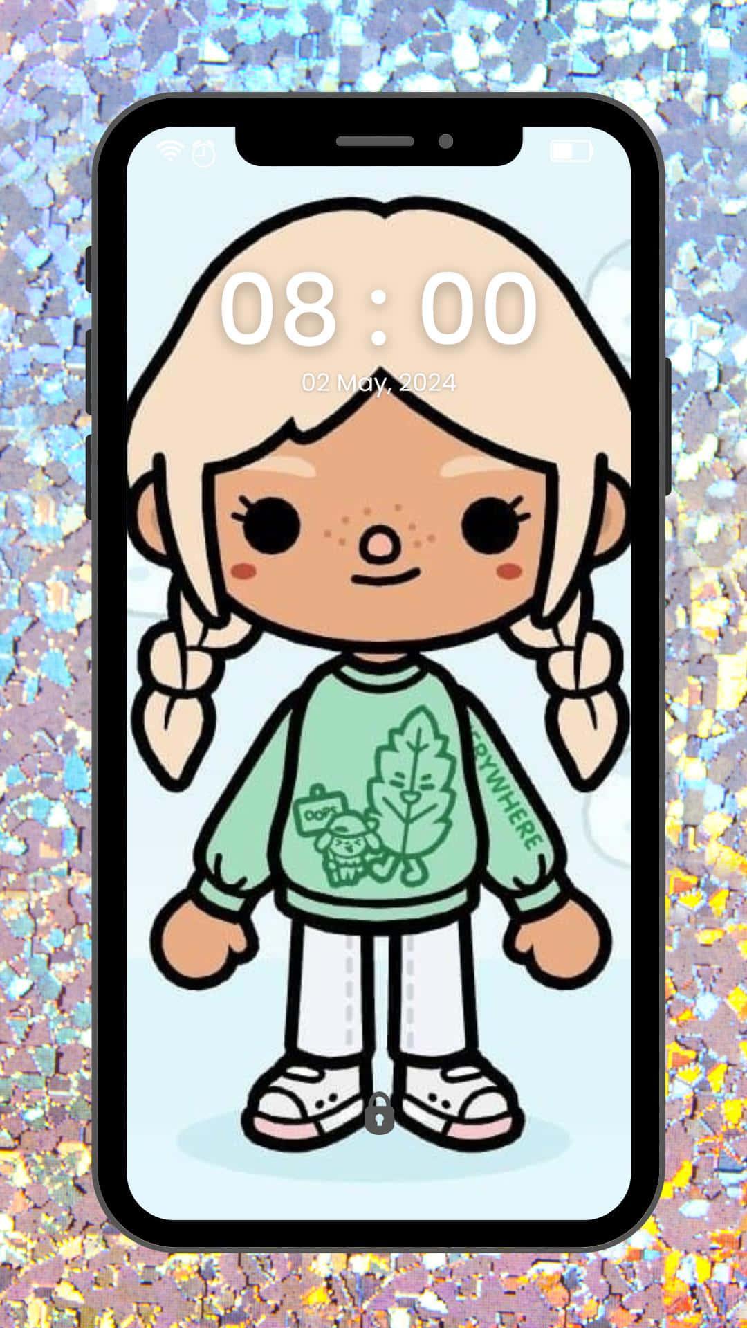 A Cartoon Girl Is Standing On Phone Screen Wallpaper