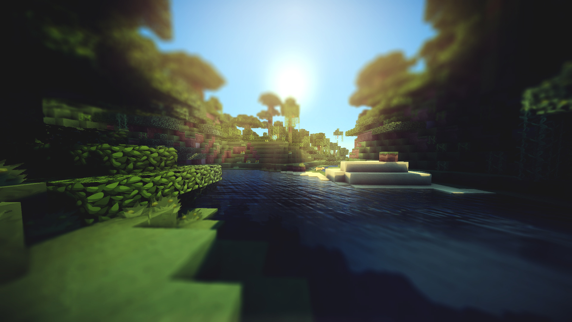 Scenic Minecraft landscape with a river and lush foliage, bathed in sunlight