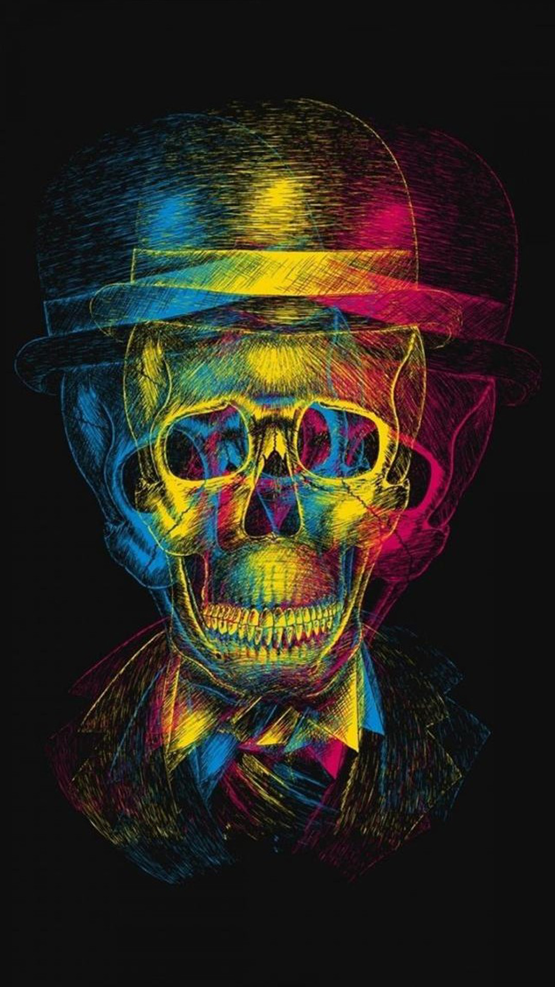 Colorful Overlap Skull In Hat Design Art iPhone Wallpaper