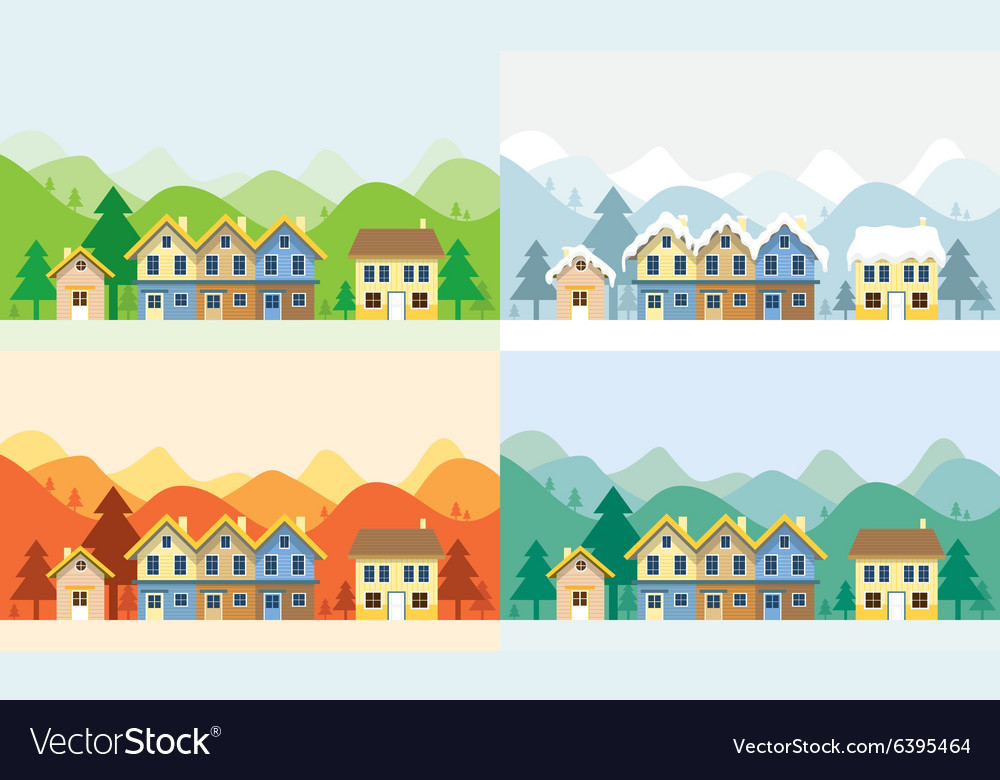 Houses In Four Seasons With Mountain Background Vector Image